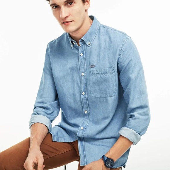 Lacoste Long Sleeve Denim Button Down Shirt (size M) - Picture 2 of 7